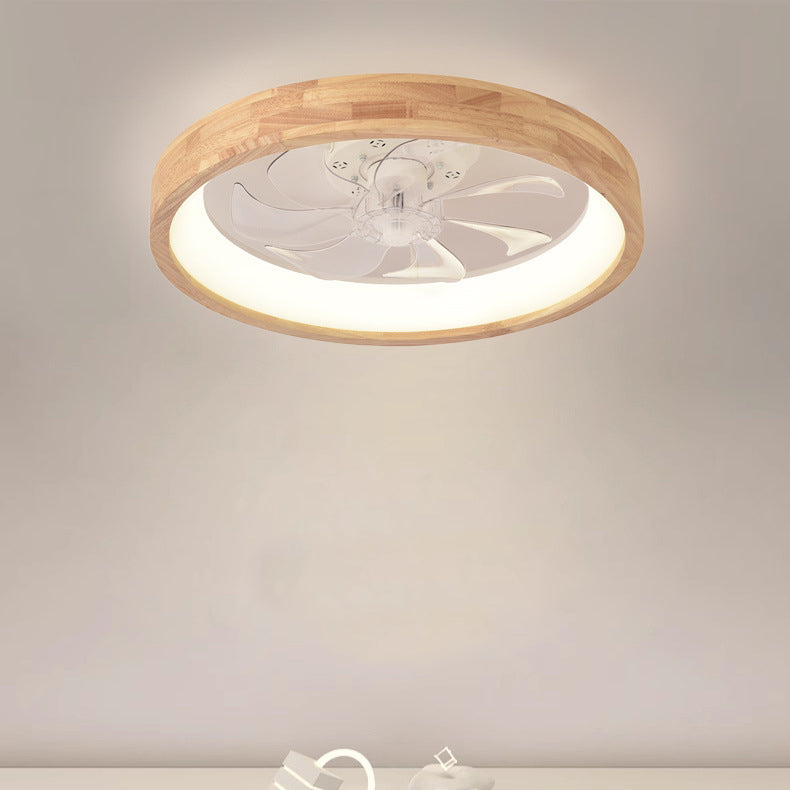 Traditional Japanese Solid Wood LED Ceiling Fan Light for Bedroom - Round Hollowed Design, Iron & Acrylic Elements, Modern & Elegant Style