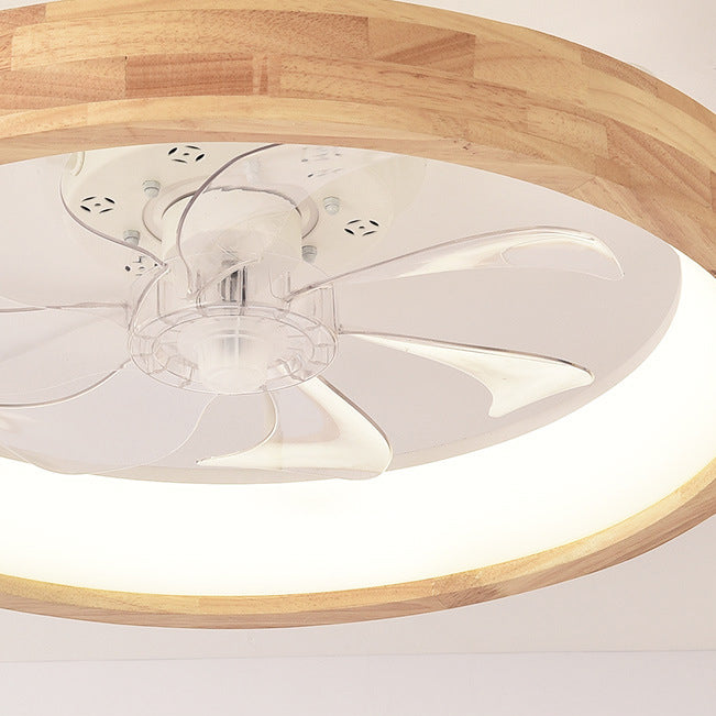 Traditional Japanese Solid Wood LED Ceiling Fan Light for Bedroom - Round Hollowed Design, Iron & Acrylic Elements, Modern & Elegant Style