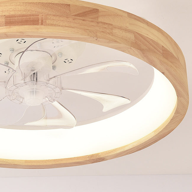Traditional Japanese Solid Wood LED Ceiling Fan Light for Bedroom - Round Hollowed Design, Iron & Acrylic Elements, Modern & Elegant Style