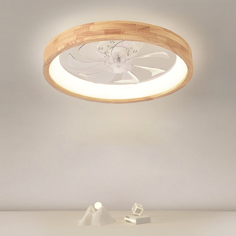 Traditional Japanese Solid Wood LED Flush Mount Ceiling Fan Light for Bedroom