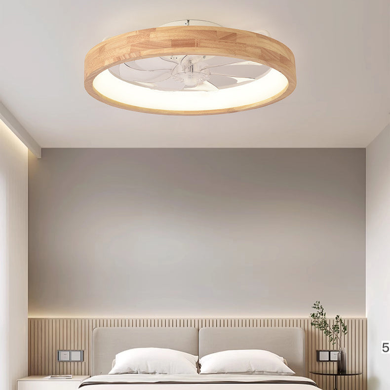 Traditional Japanese Solid Wood LED Flush Mount Ceiling Fan Light for Bedroom