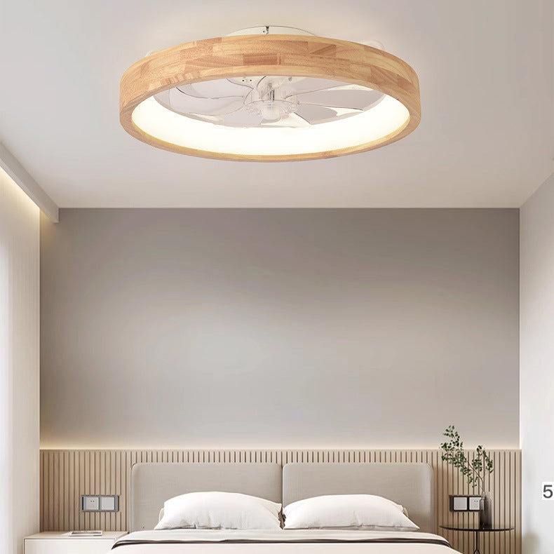 Traditional Japanese Solid Wood LED Flush Mount Ceiling Fan Light for Bedroom