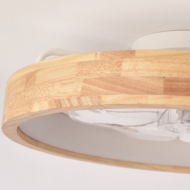 Traditional Japanese Solid Wood LED Ceiling Fan Light for Bedroom - Round Hollowed Design, Iron & Acrylic Elements, Modern & Elegant Style