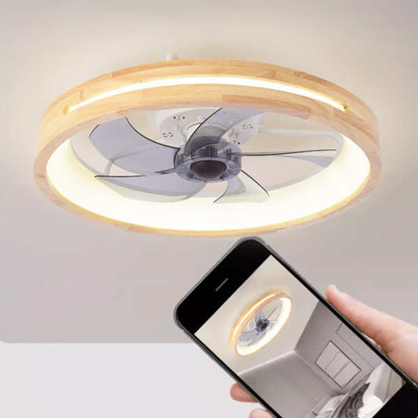 Traditional Japanese Solid Wood LED Flush Mount Ceiling Fan Light for Bedroom