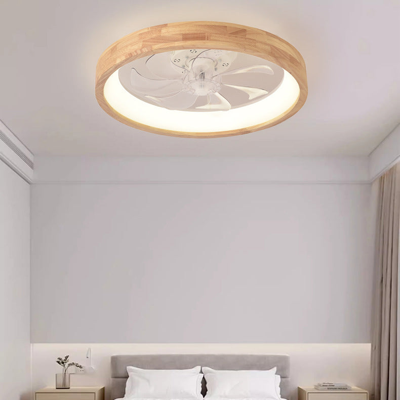 Traditional Japanese Solid Wood LED Flush Mount Ceiling Fan Light for Bedroom