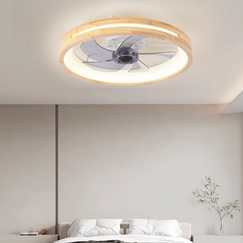 Traditional Japanese Solid Wood LED Ceiling Fan Light for Bedroom - Round Hollowed Design, Iron & Acrylic Elements, Modern & Elegant Style