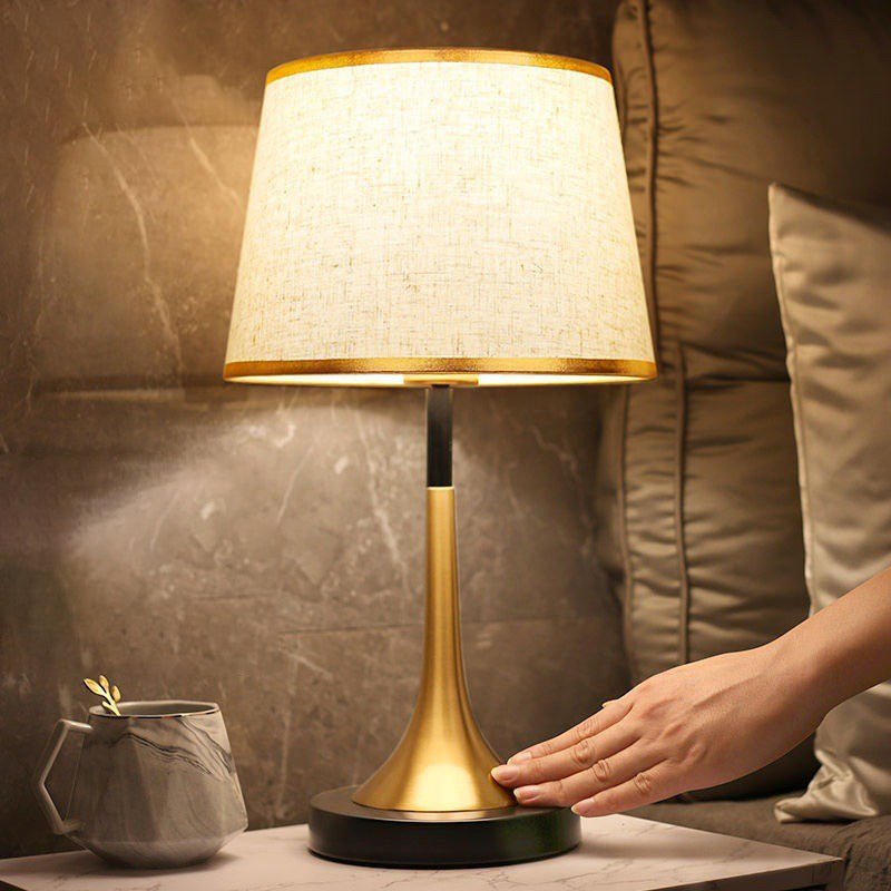 Contemporary Retro Fabric Metal Cylinder Touch Sensor Dimmable 1-Light Table Lamp for Bedside Nightstand, Modern Touch Control Desk Lamp, Adjustable Brightness, Stylish Bedroom Lighting Fixture, Cozy Home Decor, Energy Efficient LED Compatible Lamp