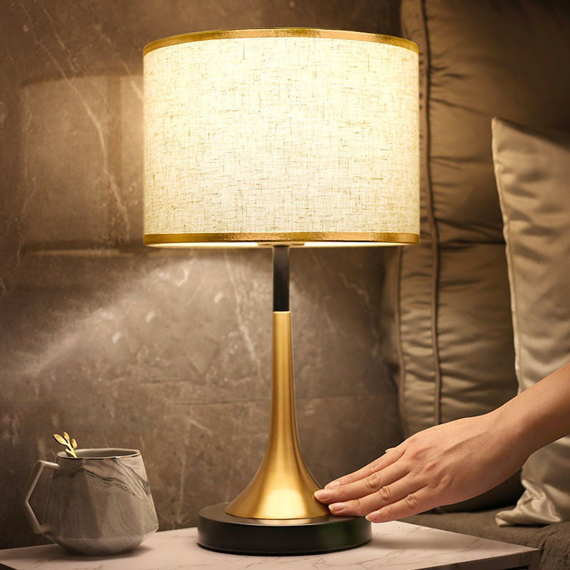 Contemporary Retro Fabric Metal Cylinder Touch Sensor Dimmable 1-Light Table Lamp for Bedside Nightstand, Modern Touch Control Desk Lamp, Adjustable Brightness, Stylish Bedroom Lighting Fixture, Cozy Home Decor, Energy Efficient LED Compatible Lamp