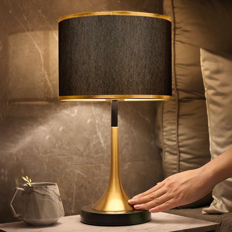 Contemporary Retro Fabric Metal Cylinder Touch Sensor Dimmable 1-Light Table Lamp for Bedside Nightstand, Modern Touch Control Desk Lamp, Adjustable Brightness, Stylish Bedroom Lighting Fixture, Cozy Home Decor, Energy Efficient LED Compatible Lamp