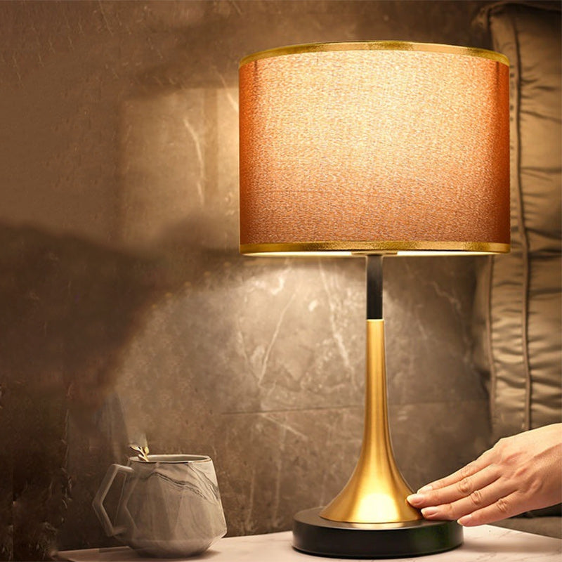 Contemporary Retro Fabric Metal Cylinder Touch Sensor Dimmable 1-Light Table Lamp for Bedside Nightstand, Modern Touch Control Desk Lamp, Adjustable Brightness, Stylish Bedroom Lighting Fixture, Cozy Home Decor, Energy Efficient LED Compatible Lamp