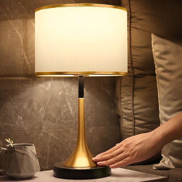 Contemporary Retro Fabric Metal Cylinder Touch Sensor Dimmable 1-Light Table Lamp for Bedside Nightstand, Modern Touch Control Desk Lamp, Adjustable Brightness, Stylish Bedroom Lighting Fixture, Cozy Home Decor, Energy Efficient LED Compatible Lamp