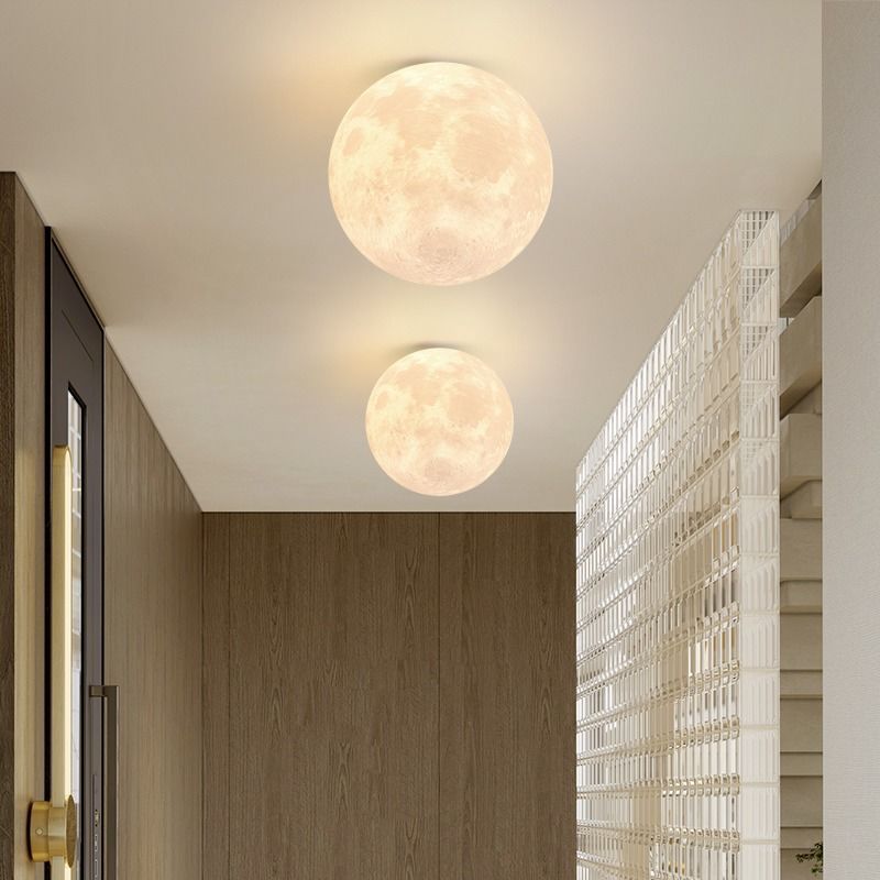 Contemporary Nordic Iron Resin Moon Ball 1-Light Semi-Flush Mount Ceiling Light