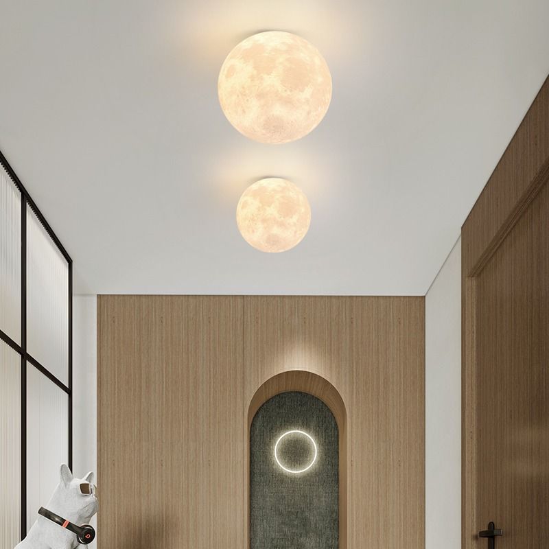 Contemporary Nordic Iron Resin Moon Ball 1-Light Semi-Flush Mount Ceiling Light