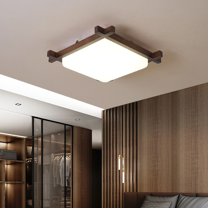 Traditional Japanese Square Flush Mount LED Light for Bedroom - Rubber Wood & Acrylic Design