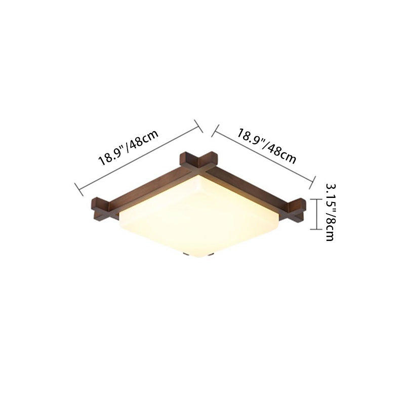 Traditional Japanese Square Flush Mount LED Light for Bedroom - Rubber Wood & Acrylic Design
