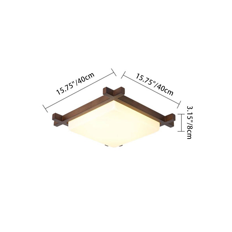 Traditional Japanese Square Flush Mount LED Light for Bedroom - Rubber Wood & Acrylic Design