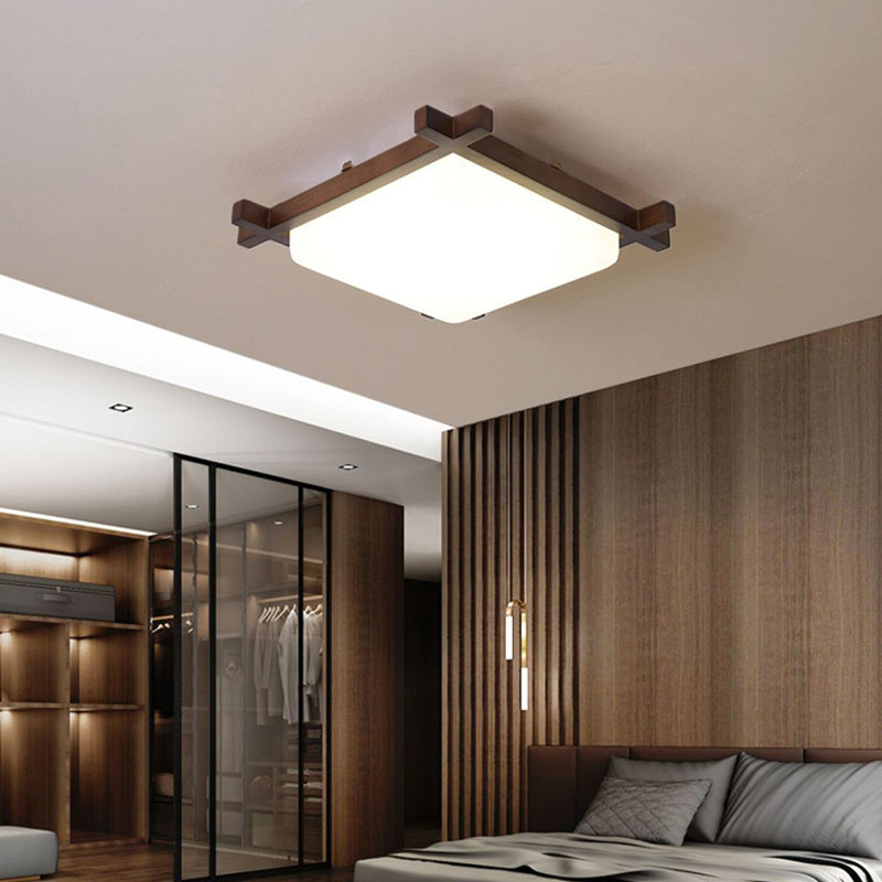 Traditional Japanese Square Flush Mount LED Light for Bedroom - Rubber Wood & Acrylic Design