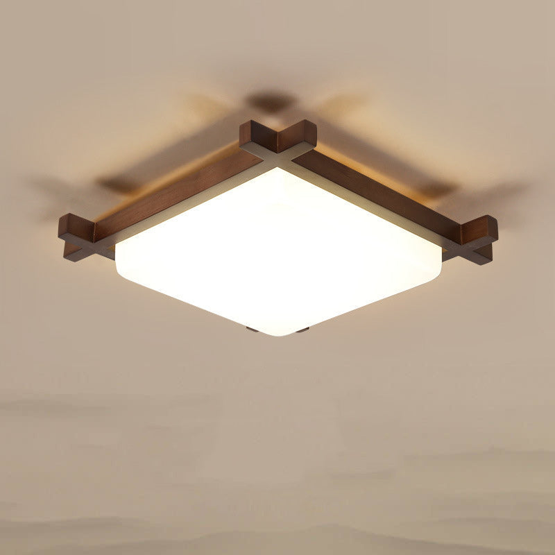 Traditional Japanese Square Flush Mount LED Light for Bedroom - Rubber Wood & Acrylic Design