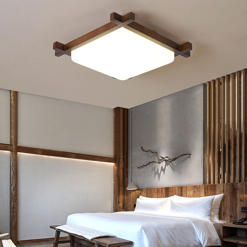 Traditional Japanese Square Flush Mount LED Light for Bedroom - Rubber Wood & Acrylic Design