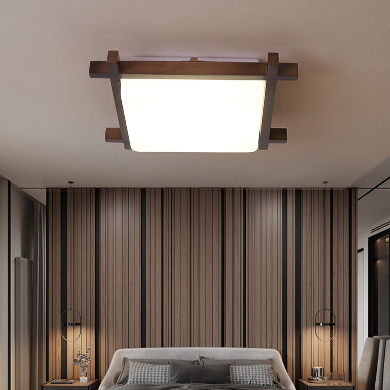 Traditional Japanese Square Flush Mount LED Light for Bedroom - Rubber Wood & Acrylic Design