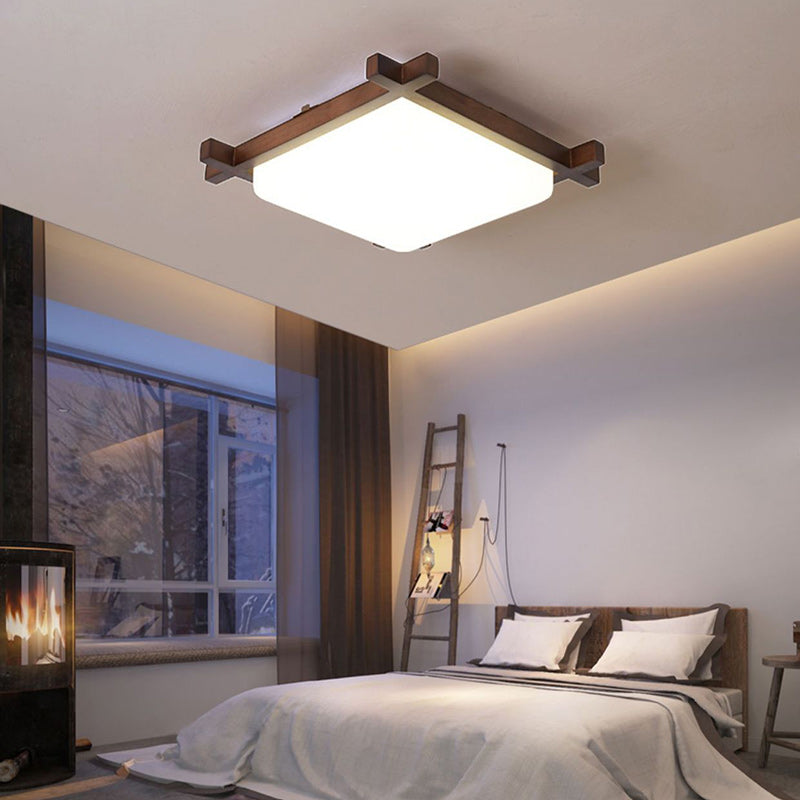 Traditional Japanese Square Flush Mount LED Light for Bedroom - Rubber Wood & Acrylic Design