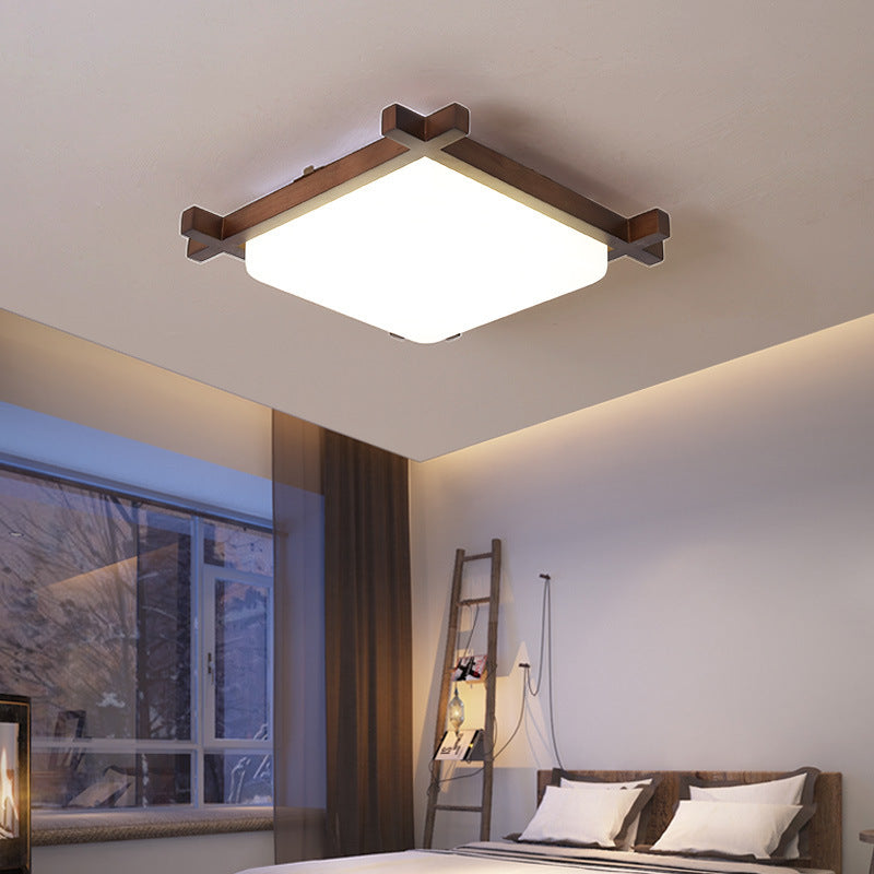 Traditional Japanese Square Flush Mount LED Light for Bedroom - Rubber Wood & Acrylic Design