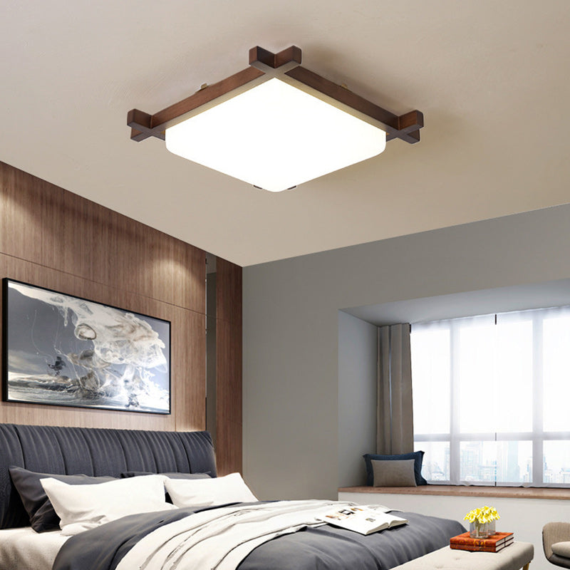 Traditional Japanese Square Flush Mount LED Light for Bedroom - Rubber Wood & Acrylic Design