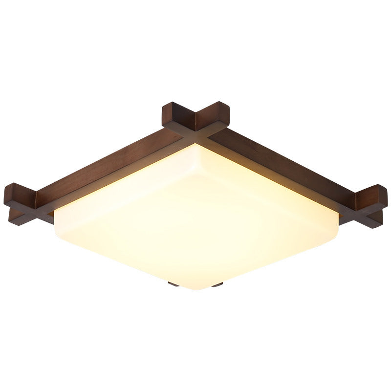 Traditional Japanese Square Flush Mount LED Light for Bedroom - Rubber Wood & Acrylic Design