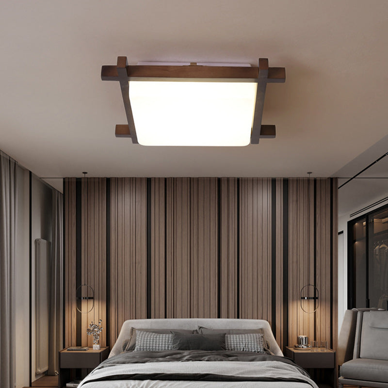Traditional Japanese Square Flush Mount LED Light for Bedroom - Rubber Wood & Acrylic Design