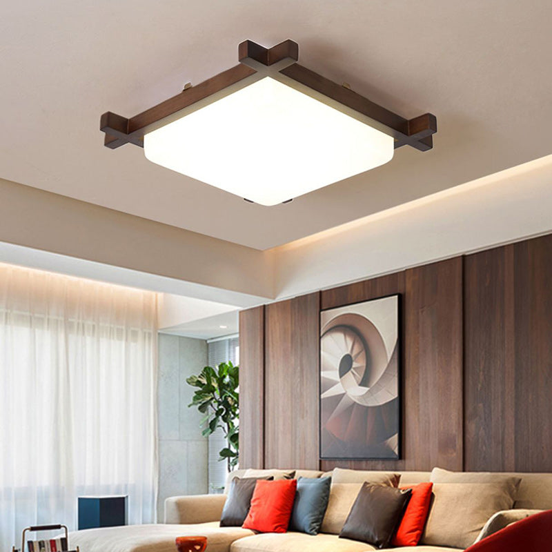 Traditional Japanese Square Flush Mount LED Light for Bedroom - Rubber Wood & Acrylic Design