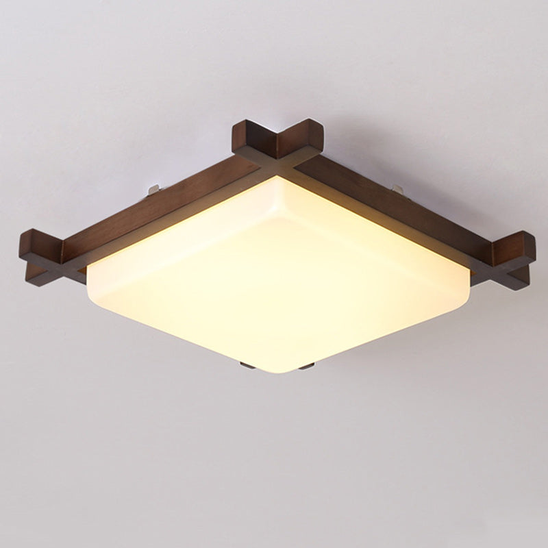 Traditional Japanese Square Flush Mount LED Light for Bedroom - Rubber Wood & Acrylic Design