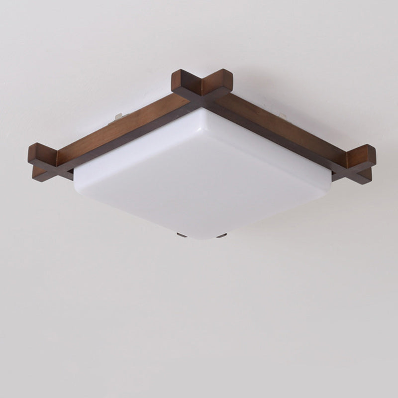 Traditional Japanese Square Flush Mount LED Light for Bedroom - Rubber Wood & Acrylic Design