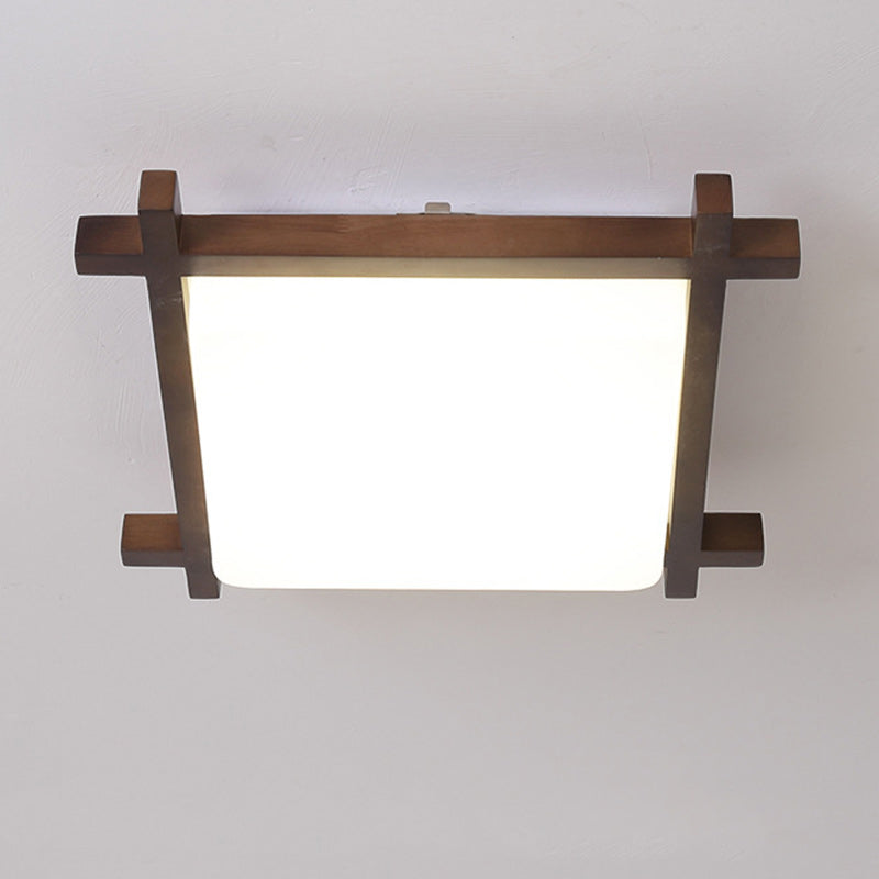 Traditional Japanese Square Flush Mount LED Light for Bedroom - Rubber Wood & Acrylic Design