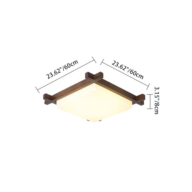 Traditional Japanese Square Flush Mount LED Light for Bedroom - Rubber Wood & Acrylic Design