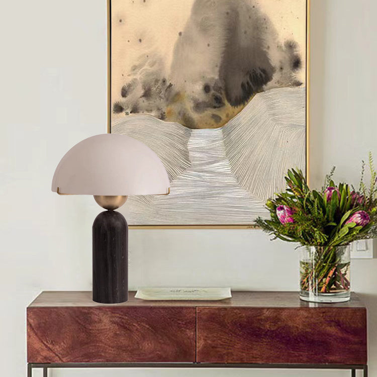 Contemporary Scandinavian Travertine Marble Glass Resin Dome Cylinder 1-Light Table Lamp for Bedside, Modern Nightstand Lighting, Elegant Home Decor, Stylish Bedroom Accent, Minimalist Design, Unique Table Lighting, Chic Lamp for Living Room, Decorative R