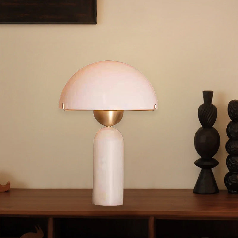 Contemporary Scandinavian Travertine Marble Glass Resin Dome Cylinder 1-Light Table Lamp for Bedside, Modern Nightstand Lighting, Elegant Home Decor, Stylish Bedroom Accent, Minimalist Design, Unique Table Lighting, Chic Lamp for Living Room, Decorative R