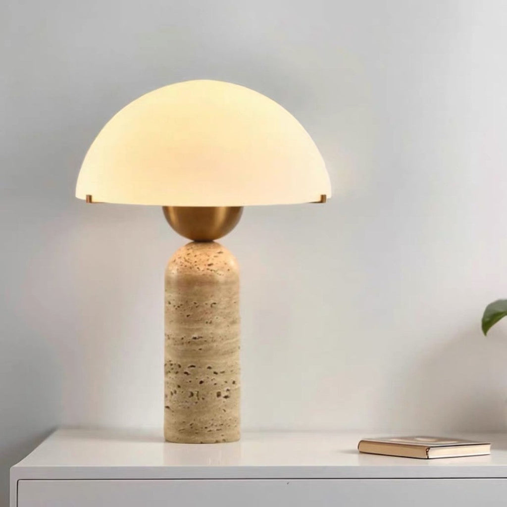 Contemporary Scandinavian Travertine Marble Glass Resin Dome Table Lamp - 1-Light Bedside Accent