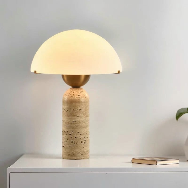 Contemporary Scandinavian Travertine Marble Glass Resin Dome Table Lamp - 1-Light Bedside Accent