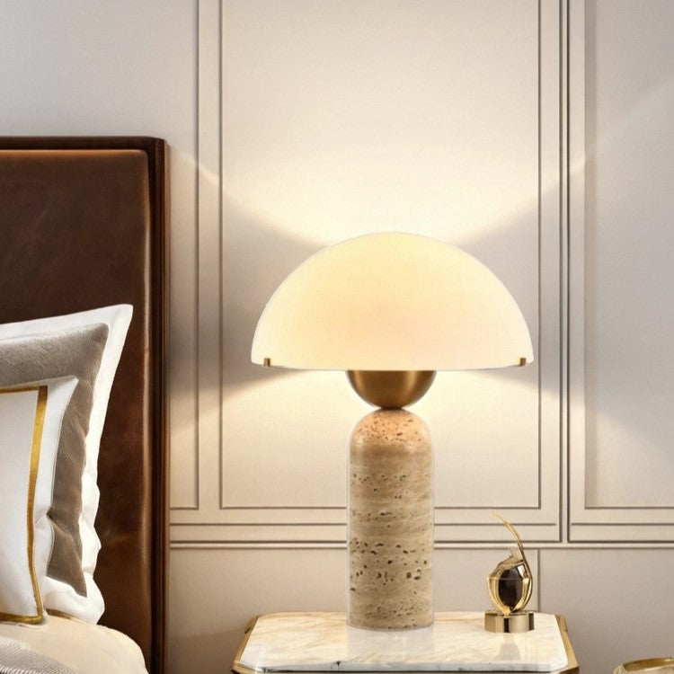 Contemporary Scandinavian Travertine Marble Glass Resin Dome Table Lamp - 1-Light Bedside Accent