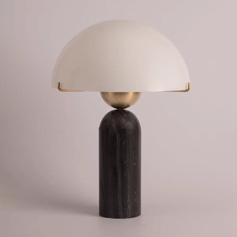 Contemporary Scandinavian Travertine Marble Glass Resin Dome Cylinder 1-Light Table Lamp for Bedside, Modern Nightstand Lighting, Elegant Home Decor, Stylish Bedroom Accent, Minimalist Design, Unique Table Lighting, Chic Lamp for Living Room, Decorative R