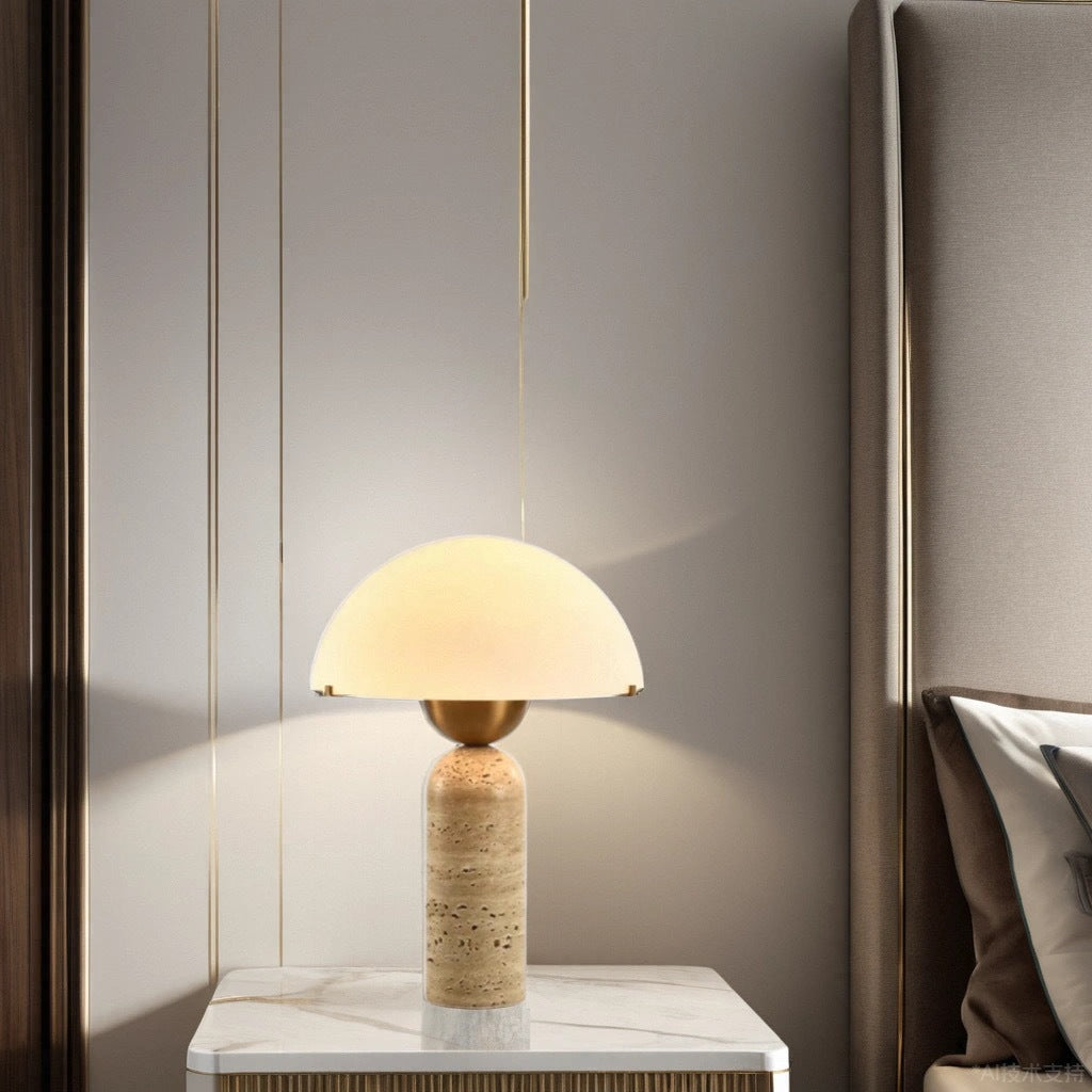 Contemporary Scandinavian Travertine Marble Glass Resin Dome Table Lamp - 1-Light Bedside Accent