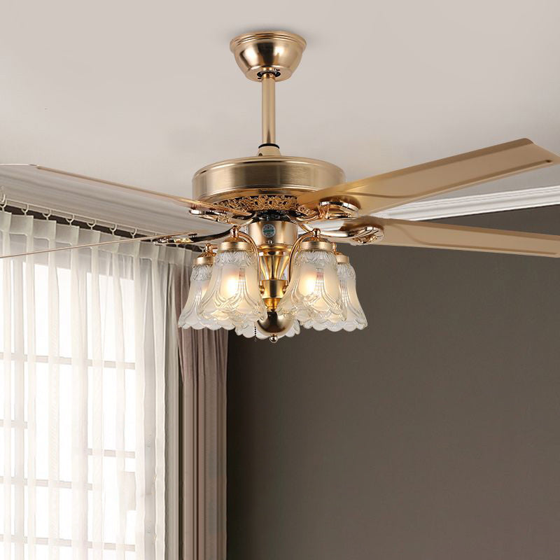 Traditional European Bell Floral Ceiling Fan Light – 5-Light Downrod for Living Room 

Enhance your living room with this elegant 5-light downrod ceiling fan light, featuring a stunning traditional European bell floral design. Made from durable iron, wood