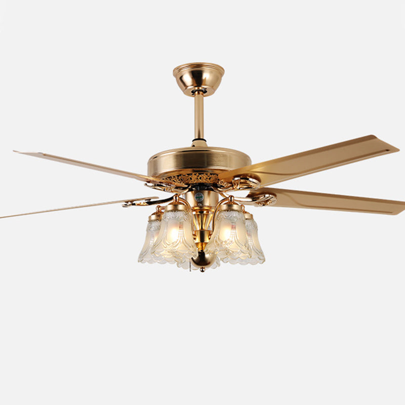 Traditional European Bell Floral Ceiling Fan Light – 5-Light Downrod for Living Room 

Enhance your living room with this elegant 5-light downrod ceiling fan light, featuring a stunning traditional European bell floral design. Made from durable iron, wood