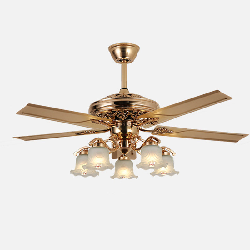 Traditional European Bell Floral Ceiling Fan Light – 5-Light Downrod for Living Room 

Enhance your living room with this elegant 5-light downrod ceiling fan light, featuring a stunning traditional European bell floral design. Made from durable iron, wood
