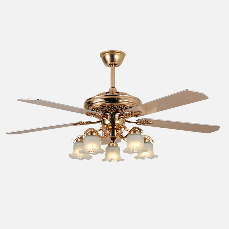 Traditional European Bell Floral Ceiling Fan Light – 5-Light Downrod for Living Room 

Enhance your living room with this elegant 5-light downrod ceiling fan light, featuring a stunning traditional European bell floral design. Made from durable iron, wood