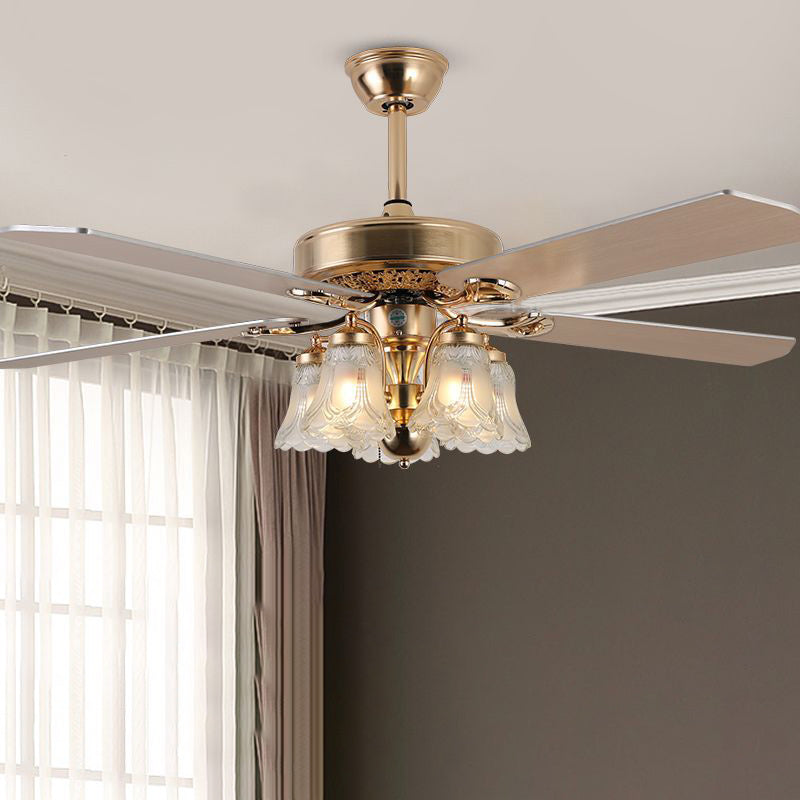 Traditional European Bell Floral Ceiling Fan Light – 5-Light Downrod for Living Room 

Enhance your living room with this elegant 5-light downrod ceiling fan light, featuring a stunning traditional European bell floral design. Made from durable iron, wood