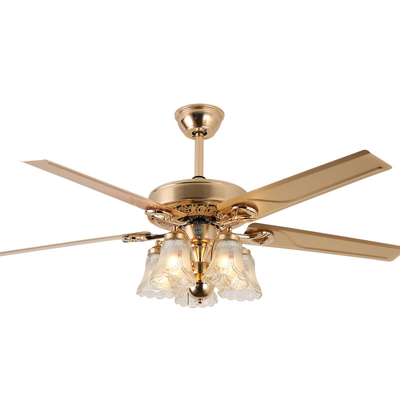 Traditional European Bell Floral Ceiling Fan Light – 5-Light Downrod for Living Room 

Enhance your living room with this elegant 5-light downrod ceiling fan light, featuring a stunning traditional European bell floral design. Made from durable iron, wood