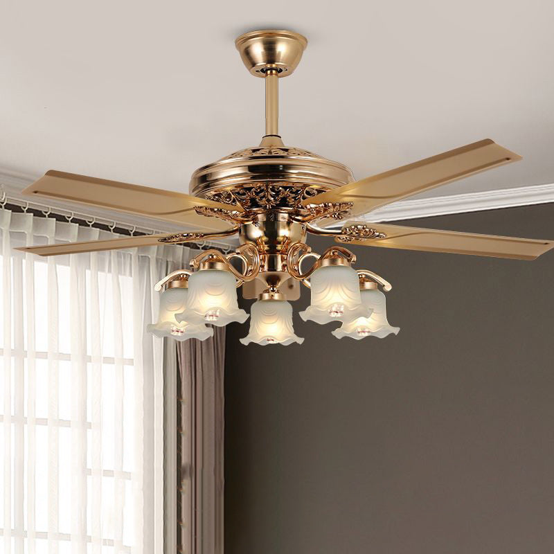 Traditional European Bell Floral Ceiling Fan Light – 5-Light Downrod for Living Room 

Enhance your living room with this elegant 5-light downrod ceiling fan light, featuring a stunning traditional European bell floral design. Made from durable iron, wood