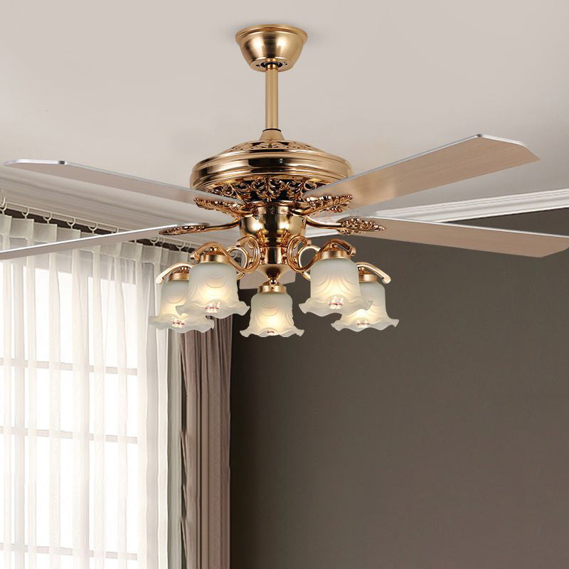 Traditional European Bell Floral Ceiling Fan Light – 5-Light Downrod for Living Room 

Enhance your living room with this elegant 5-light downrod ceiling fan light, featuring a stunning traditional European bell floral design. Made from durable iron, wood