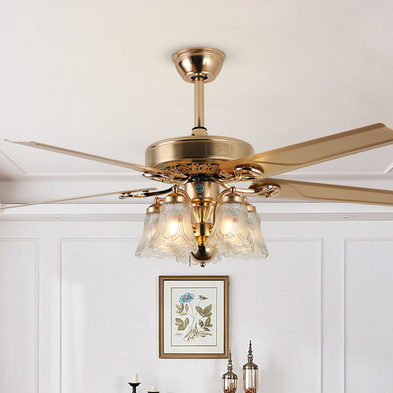 Traditional European Bell Floral Ceiling Fan Light – 5-Light Downrod for Living Room 

Enhance your living room with this elegant 5-light downrod ceiling fan light, featuring a stunning traditional European bell floral design. Made from durable iron, wood